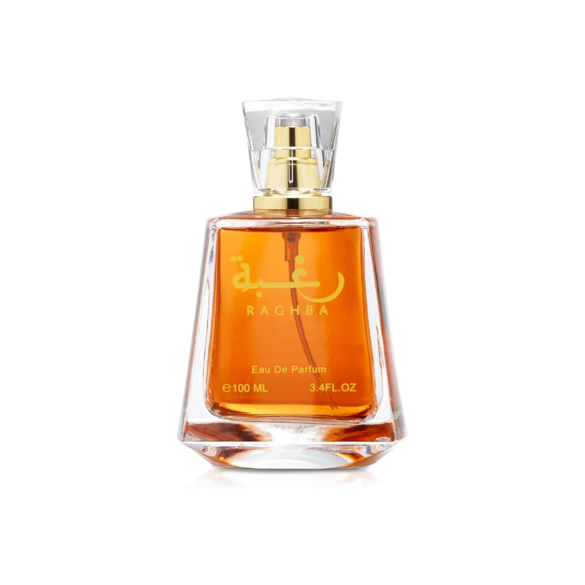 Refect Beauty Lattafa Raghba Eau de Parfum in a clear glass bottle with amber liquid and gold accents