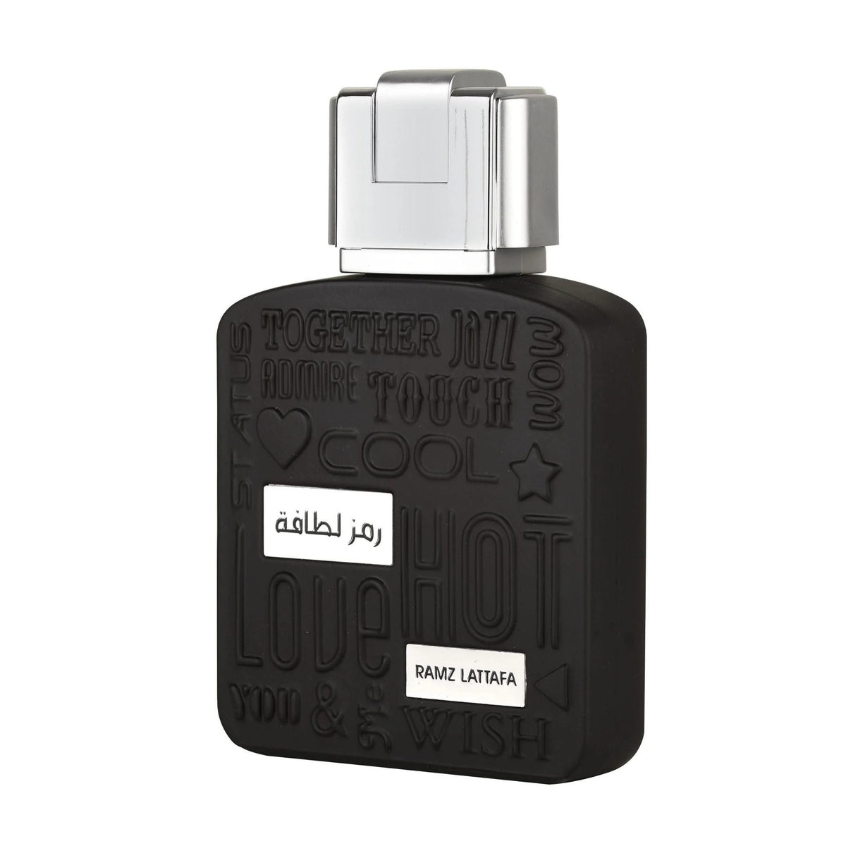 Refect Beauty Lattafa Ramz Lattafa Eau de Parfum in a black bottle with embossed text and a silver cap.