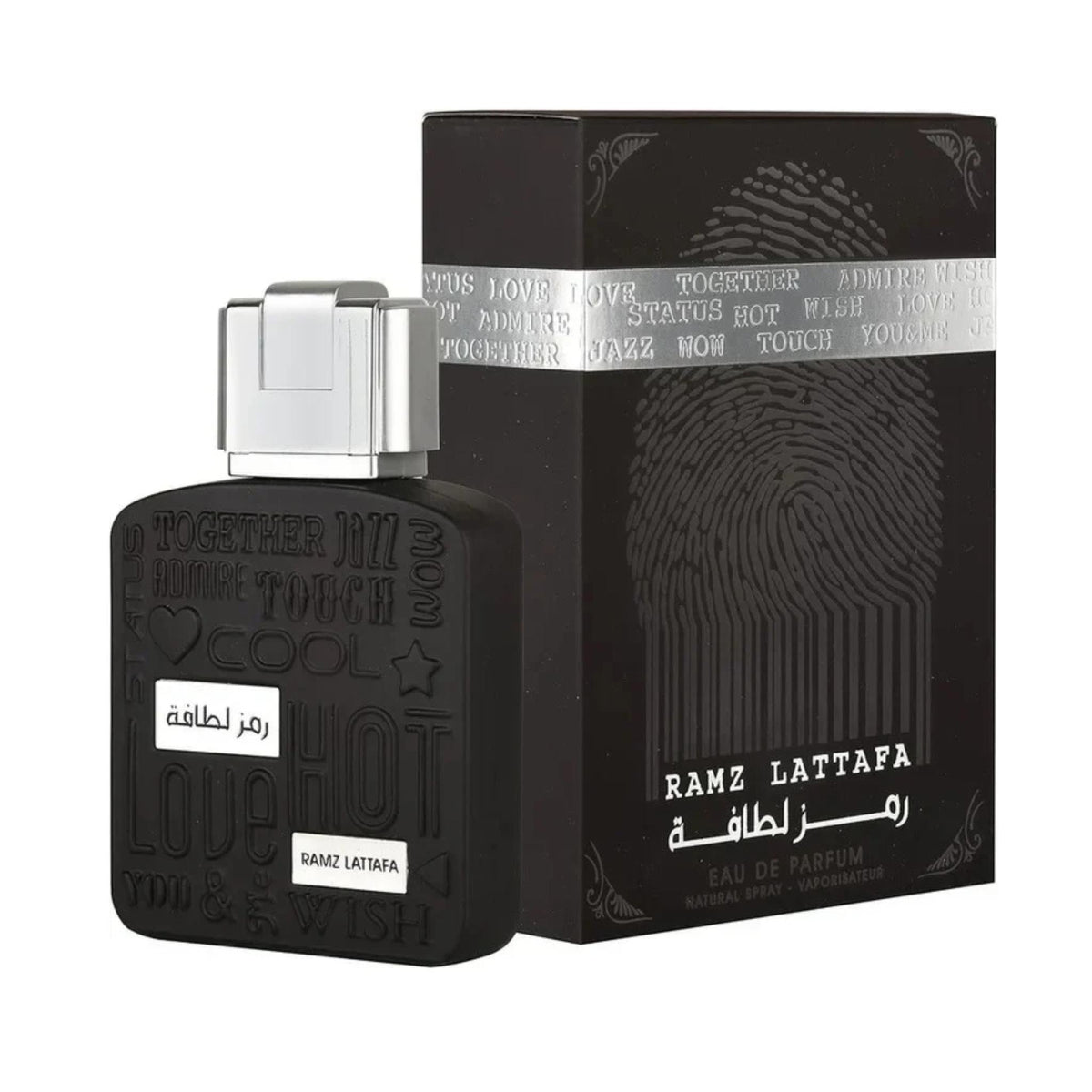 Refect Beauty Lattafa Ramz Silver Eau de Parfum in a black bottle with embossed text next to its matching box.
