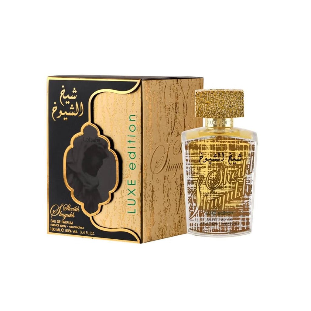 Refect Beauty Lattafa Sheikh Al Shuyukh Luxe Edition perfume bottle and gold textured box with elegant calligraphy.