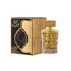 Refect Beauty Lattafa Sheikh Al Shuyukh Luxe Edition perfume bottle and gold textured box with elegant calligraphy.