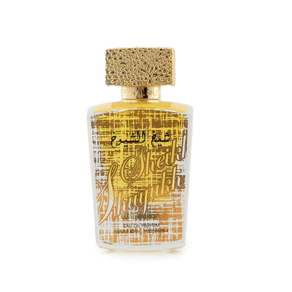 Refect Beauty Lattafa Sheikh Al Shuyukh Luxe Edition Eau de Parfum in a gold-patterned glass bottle with textured cap