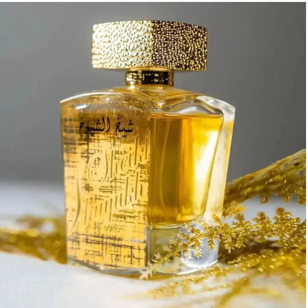 Refect Beauty Lattafa Sheikh Al Shuyukh Luxe Edition perfume bottle with gold textured cap and ornate glass design