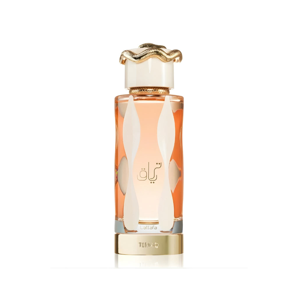Refect Beauty Lattafa Teriq Eau de Parfum in a tall glass bottle with a gold snake-topped cap and white accents.