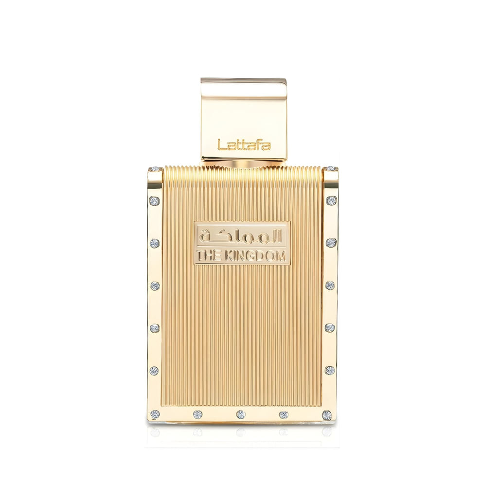 Refect Beauty Lattafa The Kingdom Eau de Parfum in a gold rectangular bottle with crystal accents and ribbed texture.