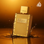 Refect Beauty Lattafa The Kingdom Eau de Parfum in a gold rectangular bottle with ribbed texture and water splashes.