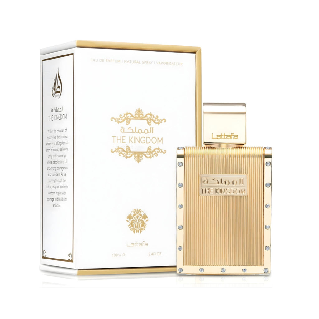 Refect Beauty Lattafa The Kingdom Eau de Parfum bottle and white gold box with elegant textured metallic design