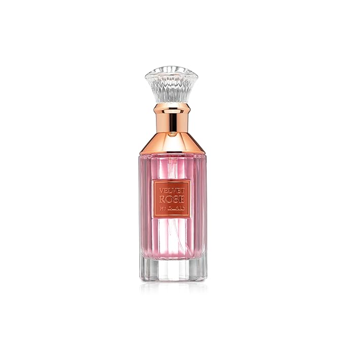 Refect Beauty Lattafa Velvet Rose Eau de Parfum in a pink glass bottle with a rose gold cap and clear crystal stopper