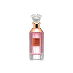 Refect Beauty Lattafa Velvet Rose Eau de Parfum in a pink glass bottle with a rose gold cap and clear crystal stopper