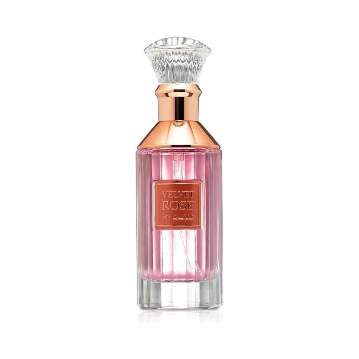 Refect Beauty Lattafa Velvet Rose Eau de Parfum in a cylindrical glass bottle with a rose gold cap and pink liquid.