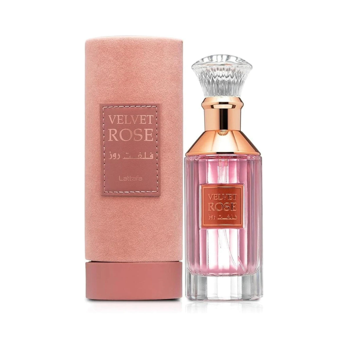 Refect Beauty Lattafa Velvet Rose Eau de Parfum in a pink glass bottle with a rose gold cap and matching velvet case.