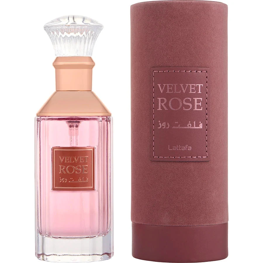 Refect Beauty Lattafa Velvet Rose eau de parfum bottle with pink liquid and matching cylindrical velvet gift box