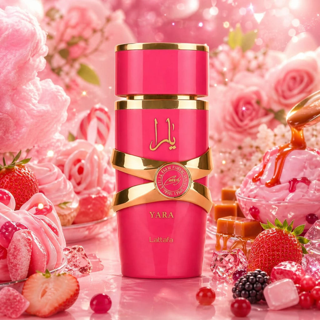 Refect Beauty Lattafa Yara Candy Eau de Parfum in a vibrant pink bottle surrounded by strawberries and sweets.