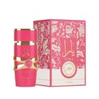 Refect Beauty Lattafa Yara Candy Eau de Parfum bottle and box with bright pink floral design and gold accents