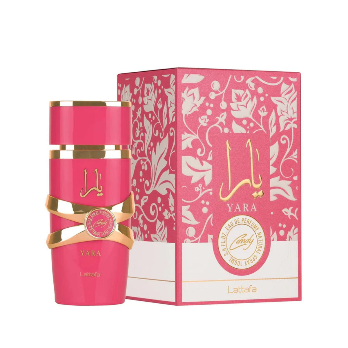 Refect Beauty Lattafa Yara Candy Eau de Parfum bottle and box with bright pink floral design and gold accents