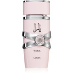 Refect Beauty Lattafa Yara Eau de Parfum in a sleek light pink bottle with silver metallic accents.