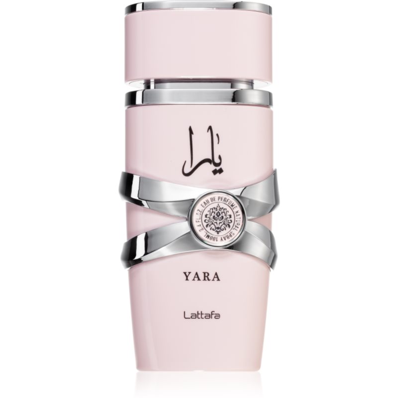 Refect Beauty Lattafa Yara Eau de Parfum in a sleek light pink bottle with silver metallic accents.