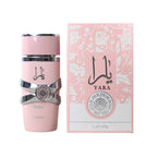 Refect Beauty Lattafa Yara Eau de Parfum bottle and pink floral box featuring a feminine amber vanilla fragrance
