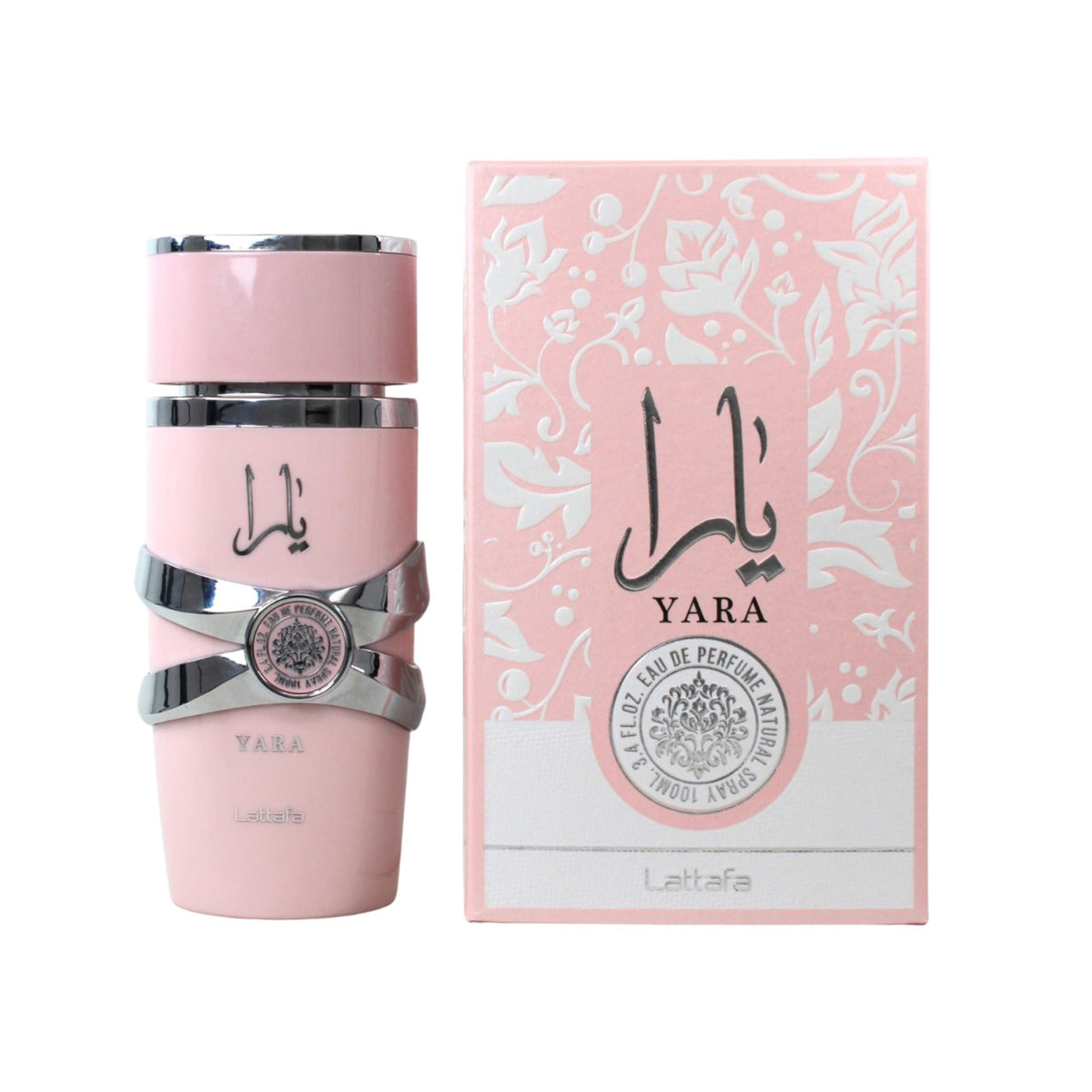 Refect Beauty Lattafa Yara Eau de Parfum bottle and pink floral box featuring a feminine amber vanilla fragrance