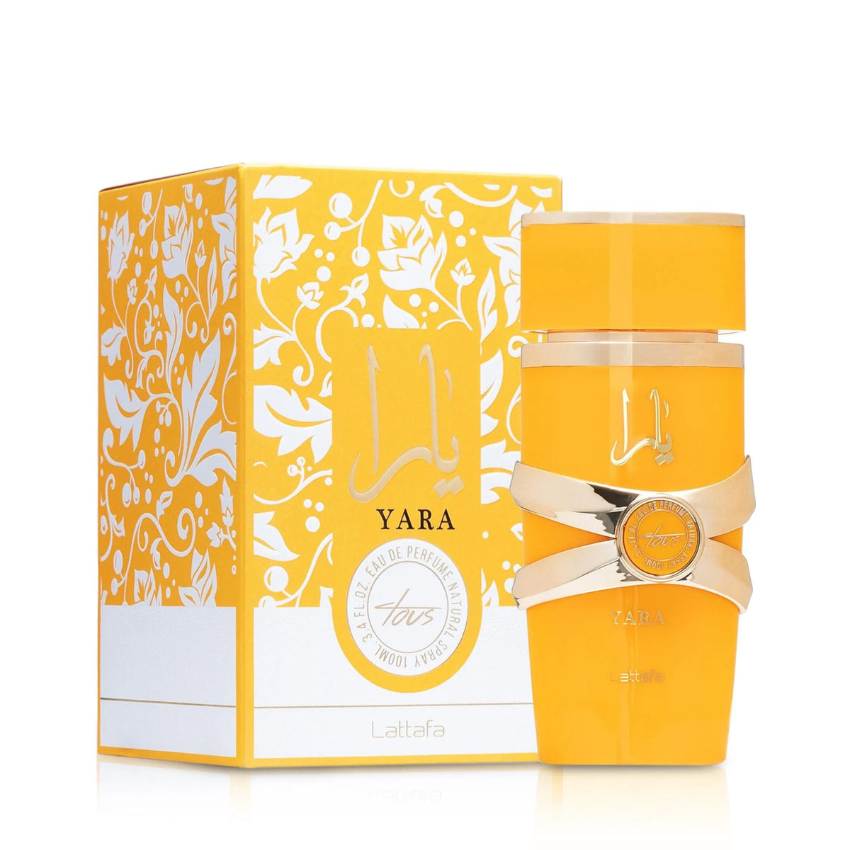 Refect Beauty Lattafa Yara Tous Eau de Parfum in a bright yellow bottle with floral packaging and gold accents.