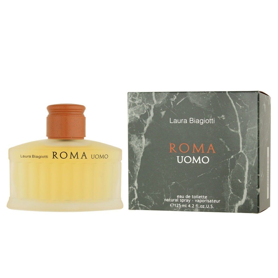 Refect Beauty Laura Biagiotti Roma Uomo eau de toilette bottle and marble-patterned box for a classic men's fragrance.