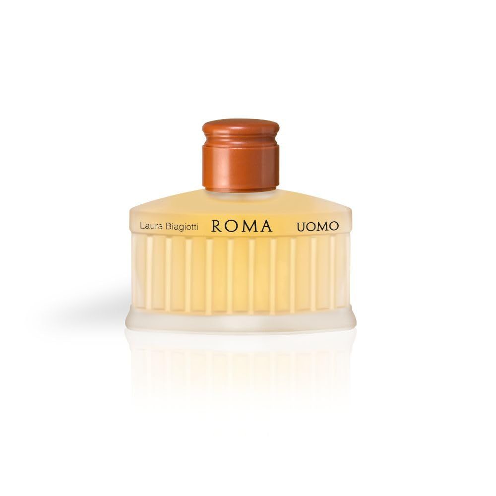 Refect Beauty Laura Biagiotti Roma Uomo eau de toilette in a classic column-inspired glass bottle with a brown cap.