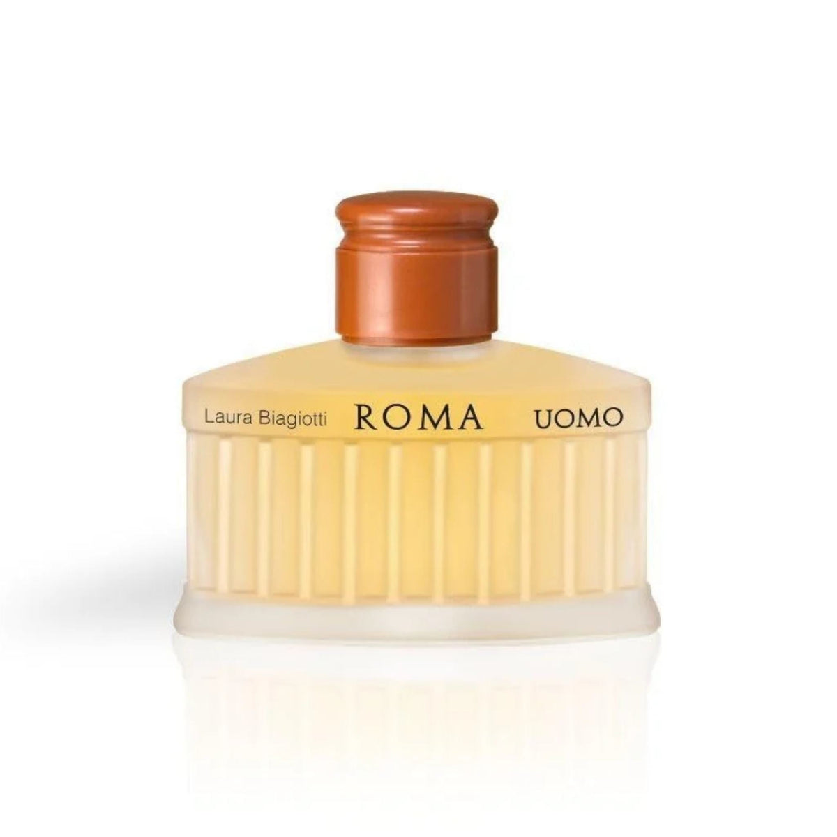 Refect Beauty Laura Biagiotti Roma Uomo eau de toilette in a classic column-inspired glass bottle with brown cap.