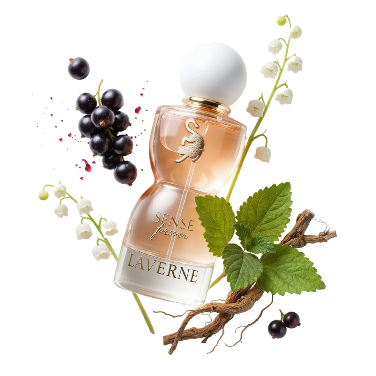 Refect Beauty Laverne Sense Forever perfume bottle surrounded by blackcurrants, lily of the valley, and green leaves.