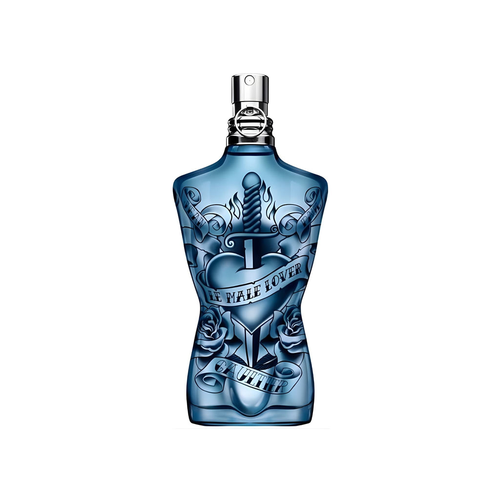 Refect Beauty Jean Paul Gaultier Le Male Lover Eau de Parfum in a blue torso-shaped bottle with tattoo-style graphics.