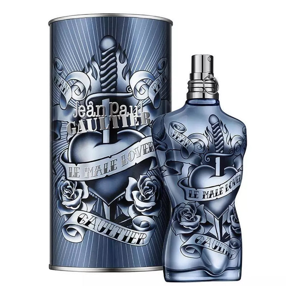 Refect Beauty Jean Paul Gaultier Le Male Lover Eau de Parfum bottle and matching cylindrical tin with tattoo art