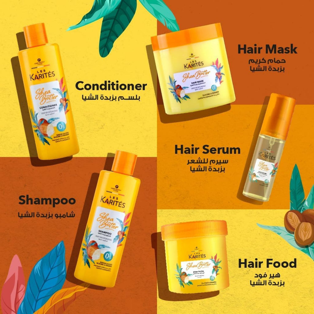 Refect Beauty Les Karites shea butter hair care collection including shampoo, conditioner, mask, serum, and hair food.