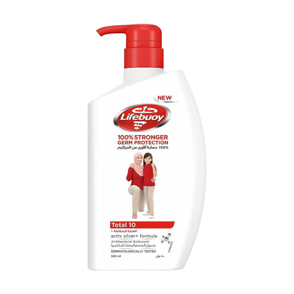 Refect Beauty Lifebuoy Total 10 antibacterial body wash in a 500ml white bottle with a red pump dispenser