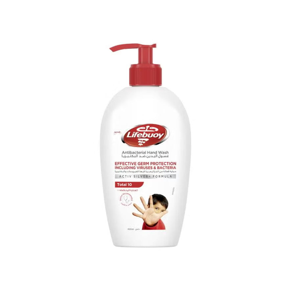 Refect Beauty Lifebuoy Total 10 antibacterial handwash in a white bottle with a red pump dispenser