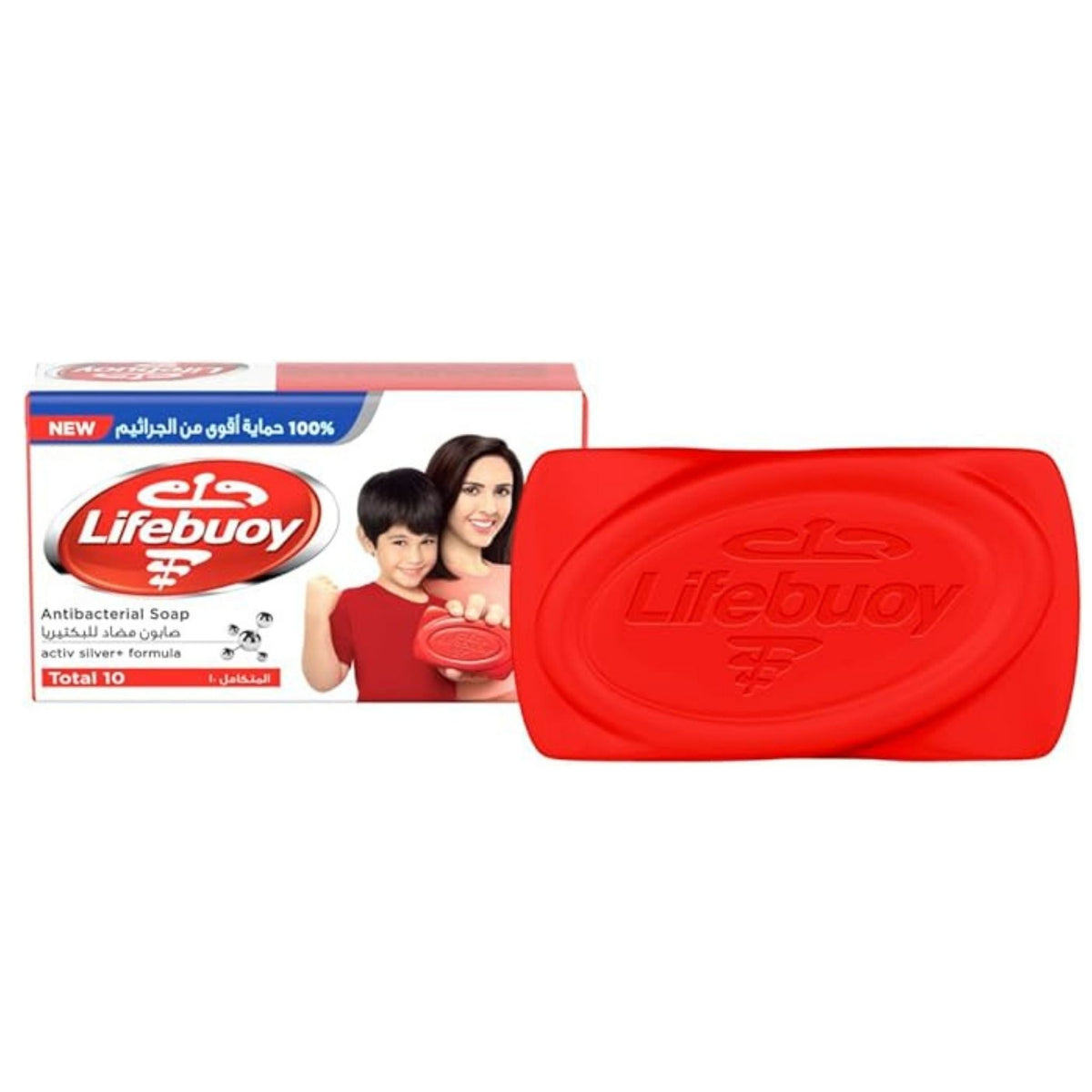 Refect Beauty Lifebuoy Total 10 antibacterial soap bar and packaging featuring a mother and child