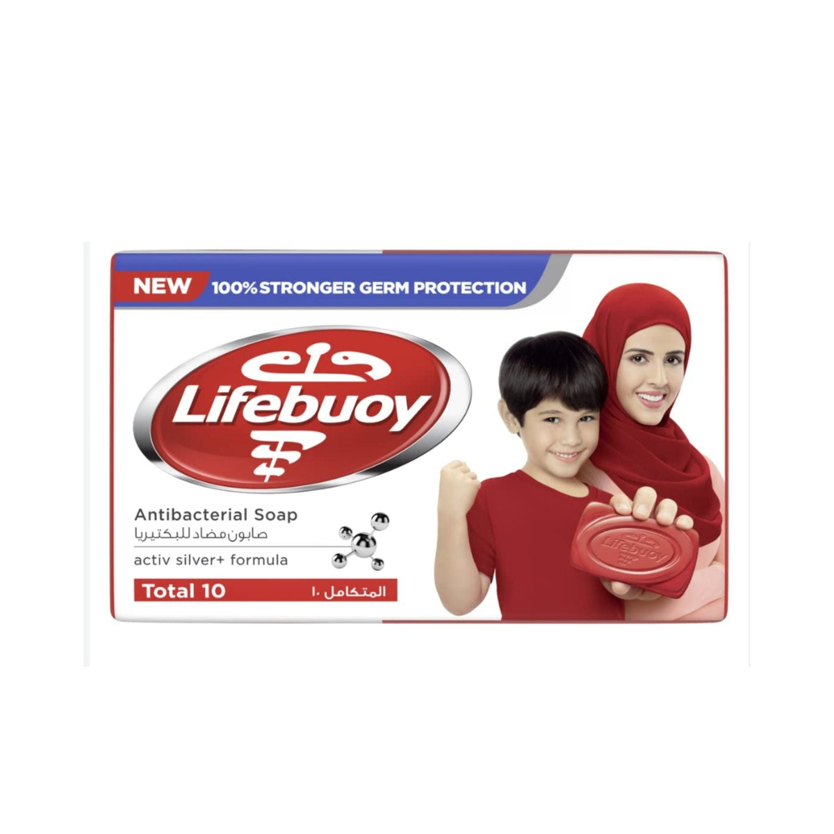 Refect Beauty Lifebuoy Total 10 antibacterial soap bar packaging featuring a woman and child with red clothing