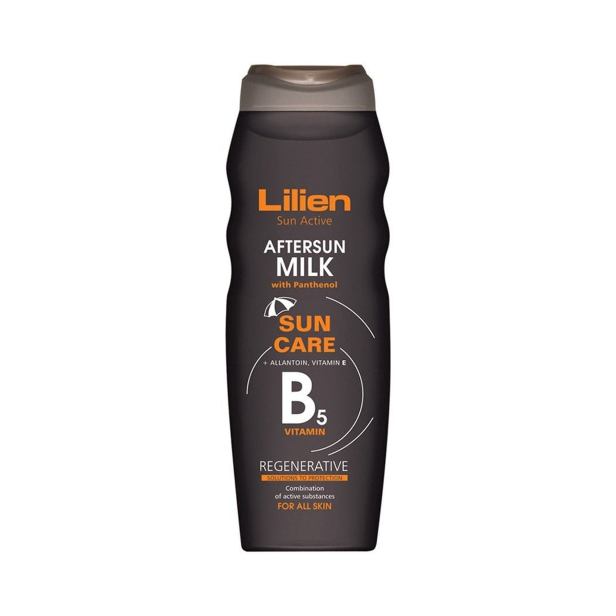 Refect Beauty Lilien Sun Active Aftersun Milk with panthenol, vitamin E, and allantoin in a black bottle.