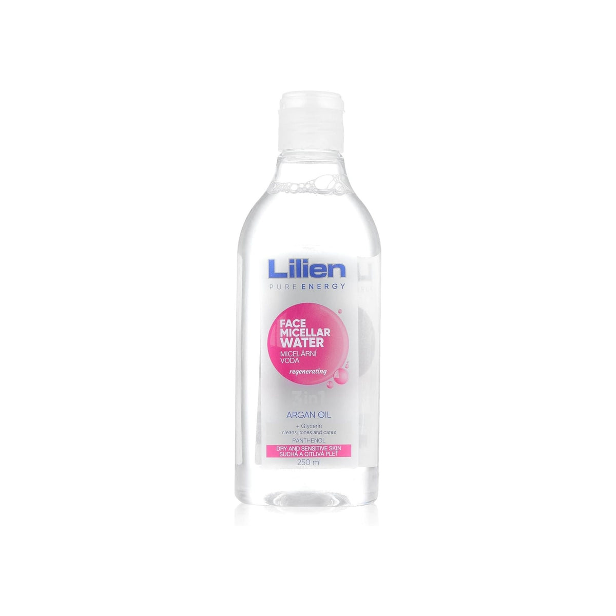 Refect Beauty Lilien micellar facial water with argan oil in a clear 250ml bottle for gentle makeup removal