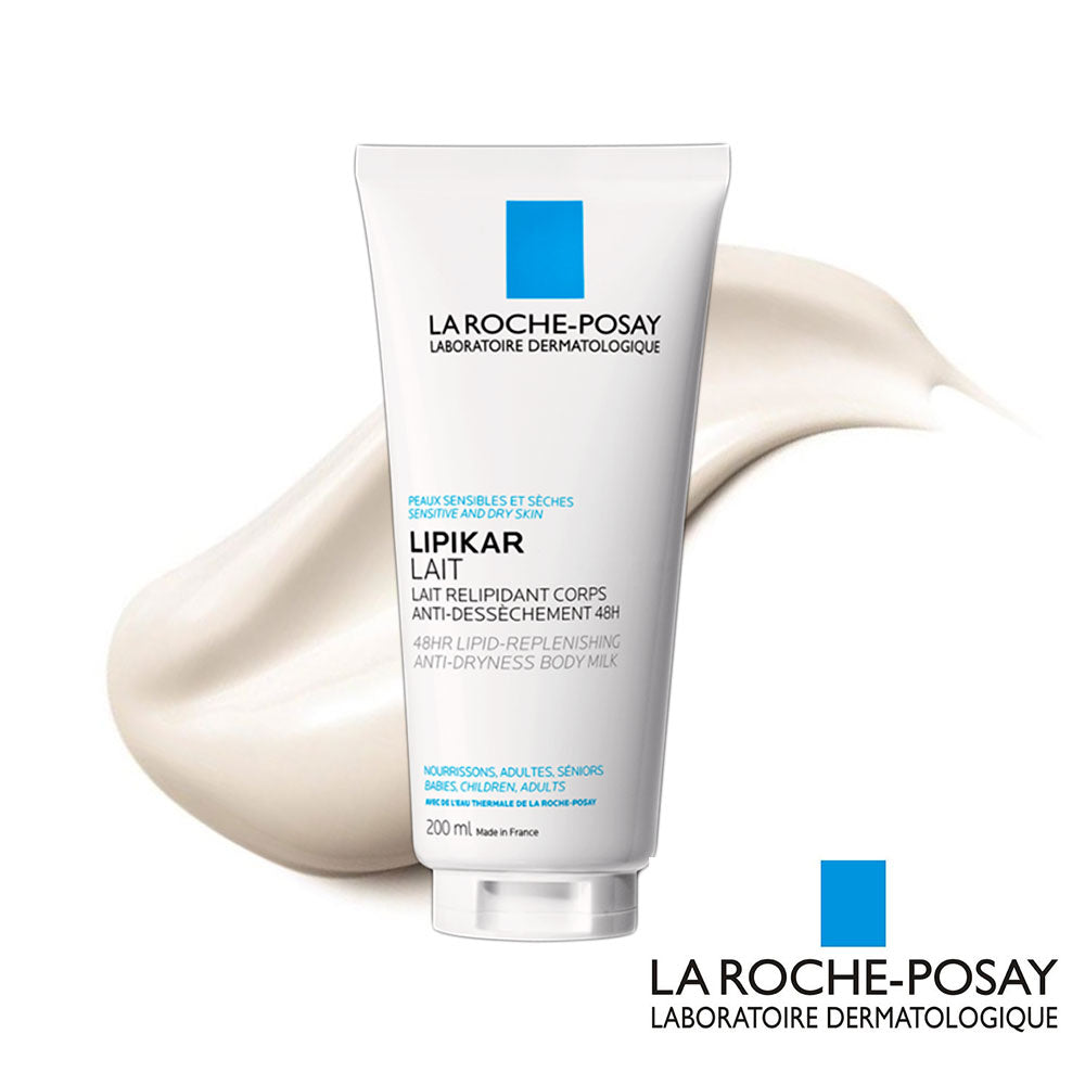 Refect Beauty La Roche-Posay Lipikar Lait 200ml body lotion tube for sensitive, dry skin with a creamy texture swatch.