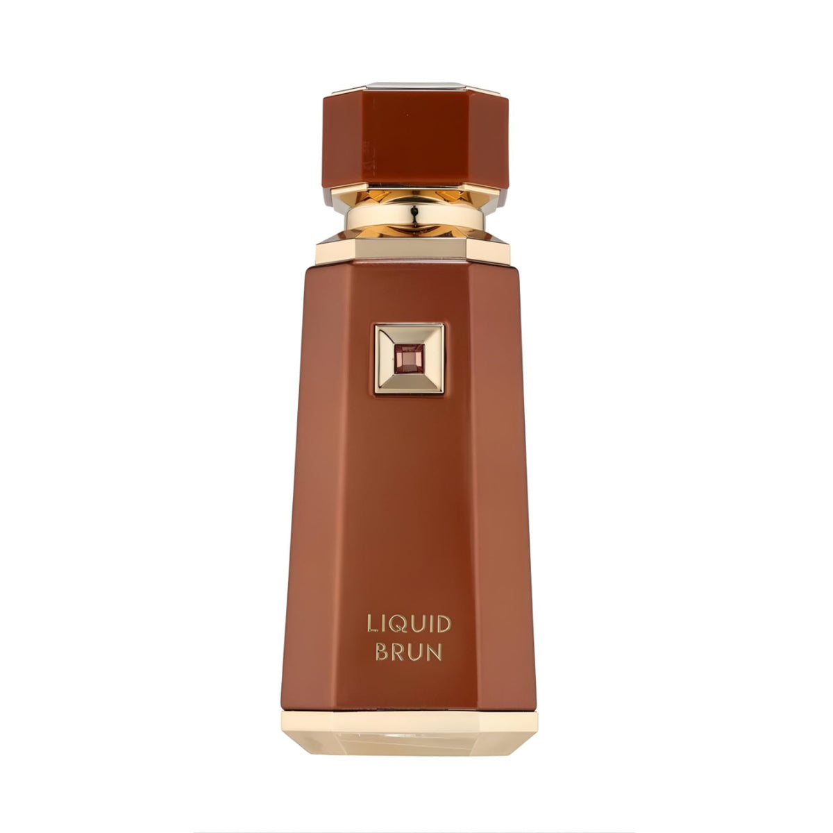 Refect Beauty French Avenue Liquid Brun eau de parfum in a sleek brown bottle with gold accents and a geometric cap.