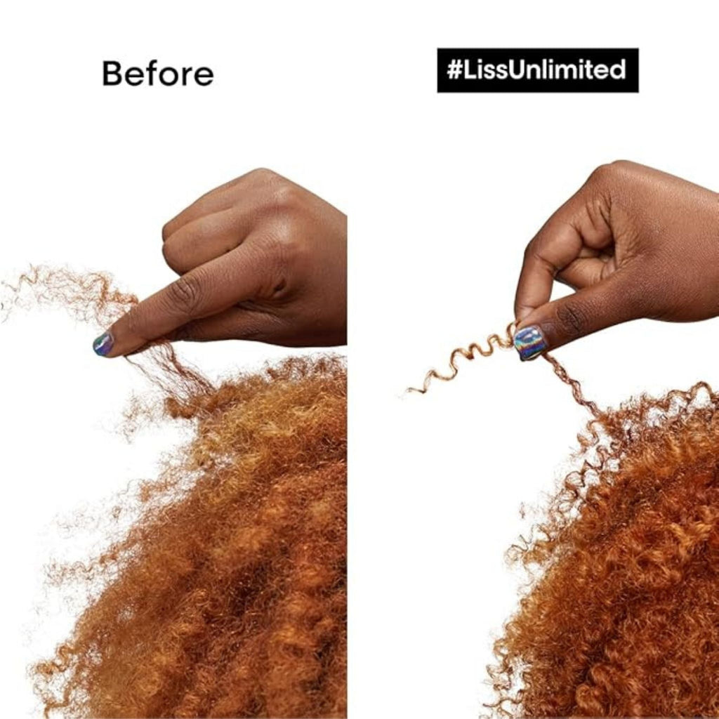 Refect Beauty before and after comparison of frizzy hair treated with L'Oréal Professionnel Liss Unlimited hair mask