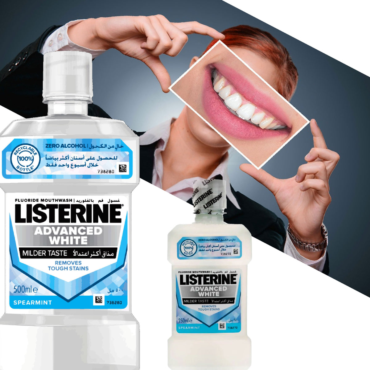 Refect Beauty Listerine Advanced White Milder Taste mouthwash bottles with a woman framing her bright white smile.