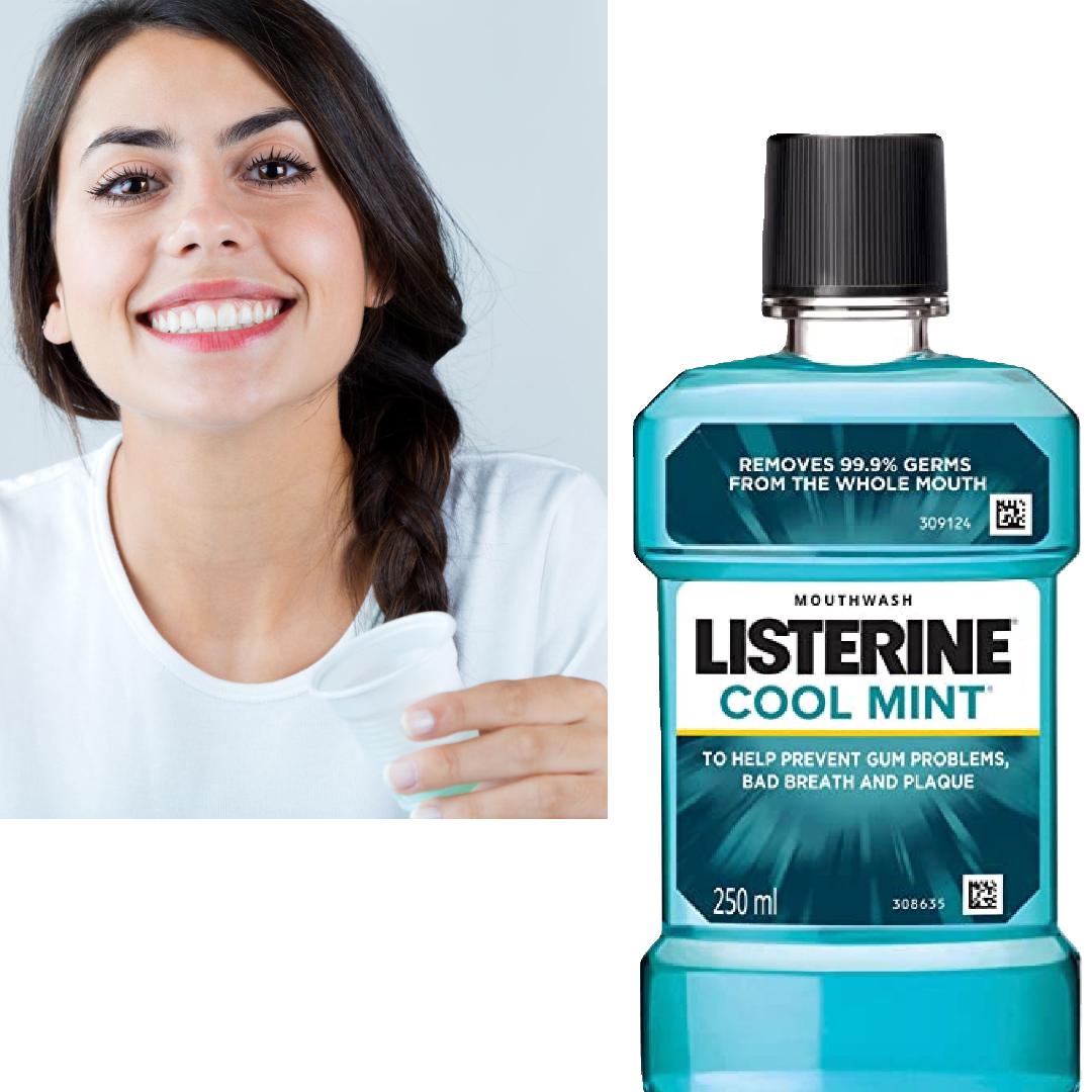 Refect Beauty Listerine Cool Mint Milder Taste mouthwash bottle next to a smiling woman holding a rinsing cup