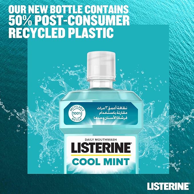 Refect Beauty Listerine Cool Mint mouthwash in a 50% recycled plastic bottle with refreshing water splash background