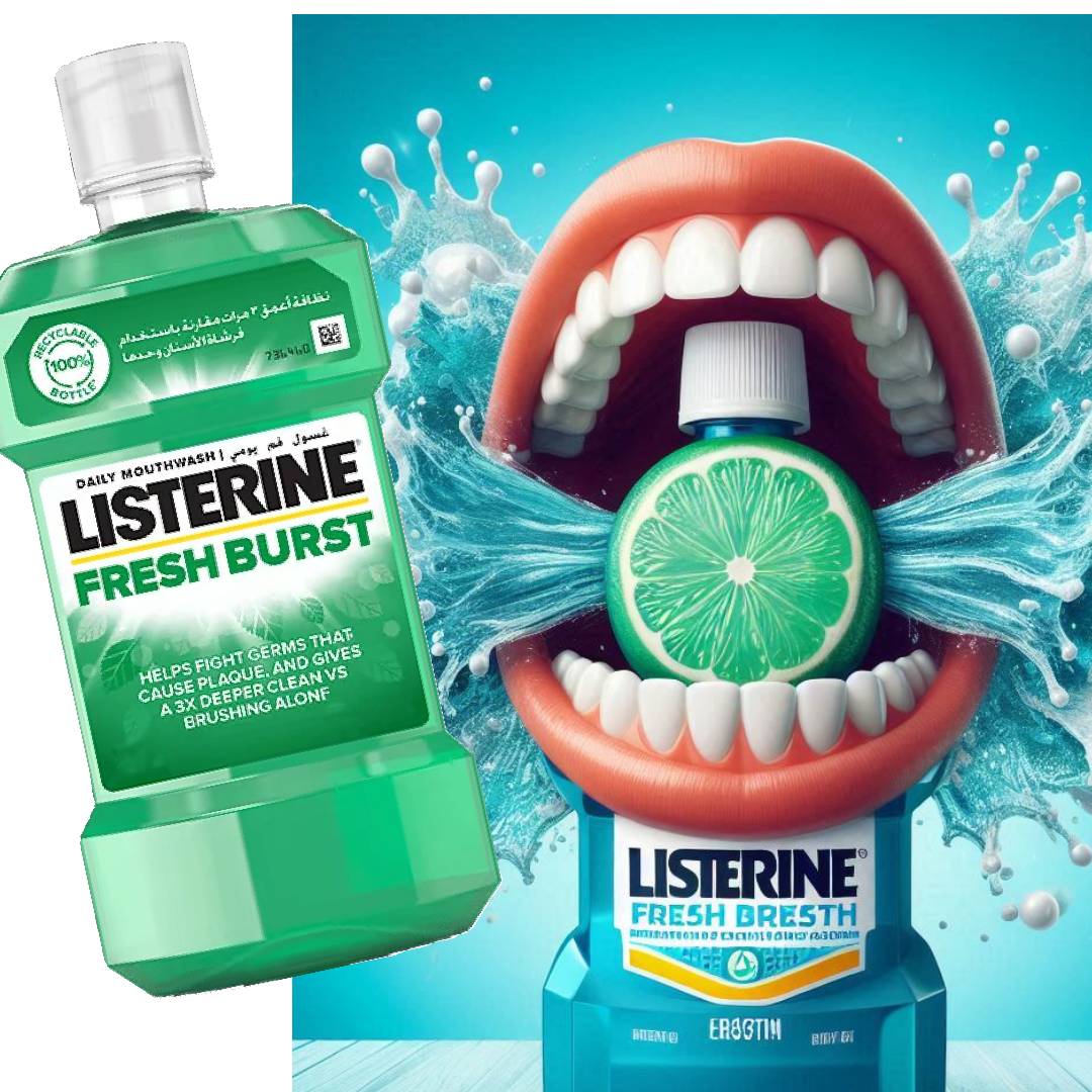 Refect Beauty Listerine Fresh Burst mouthwash bottle next to a mouth graphic with a lime slice and water splash