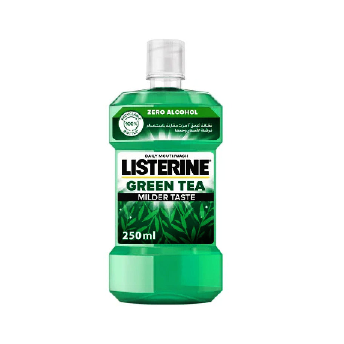 Refect Beauty Listerine Green Tea mouthwash in a 250ml bottle with a refreshing green design and zero alcohol formula.