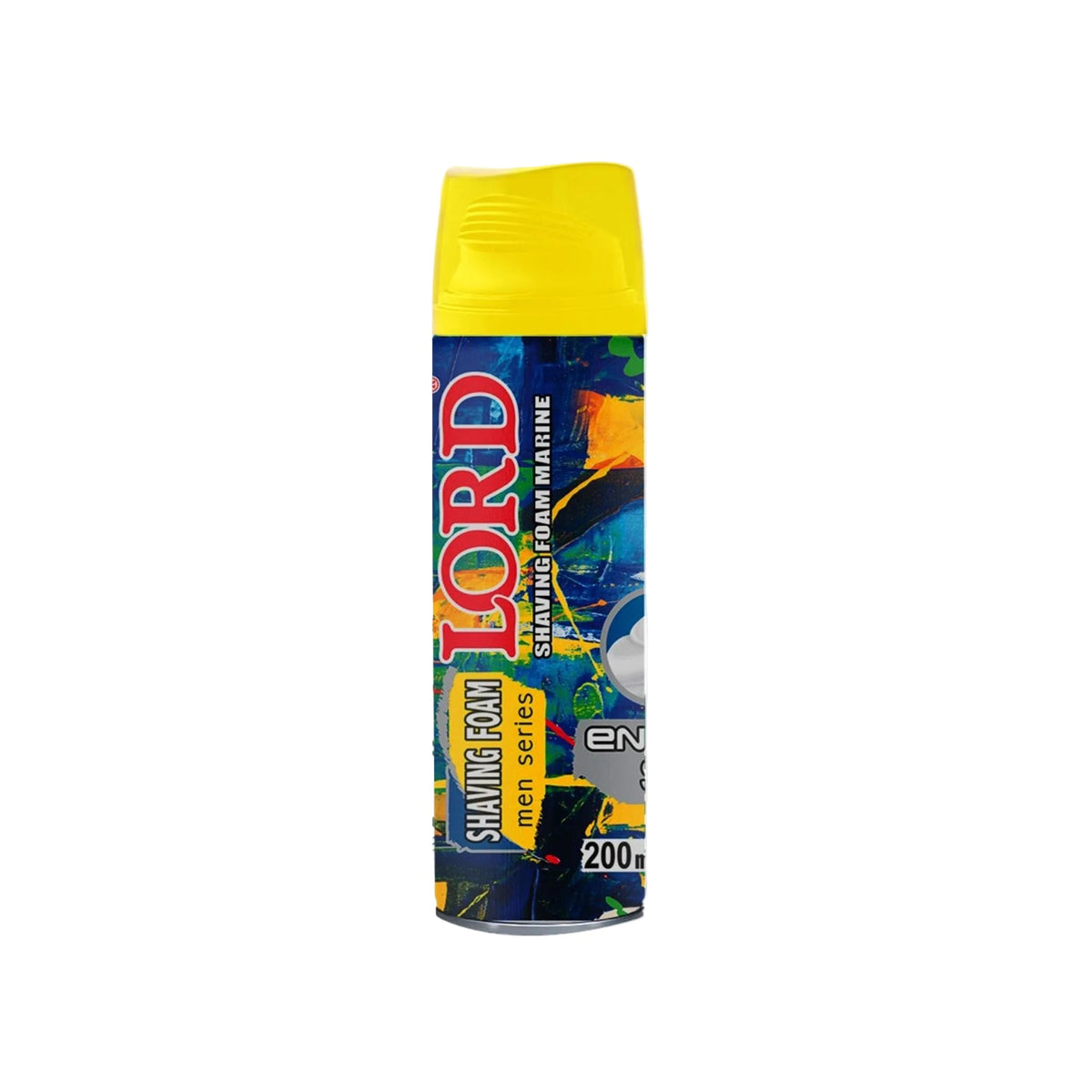 Refect Beauty Lord Marine shaving foam in a 200ml aerosol can with a bright yellow cap and colorful abstract design.