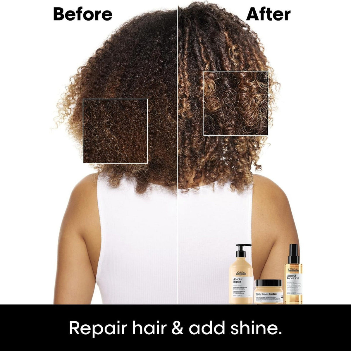 Refect Beauty L'Oréal Professionnel Absolut Repair Golden Mask before and after results on curly hair
