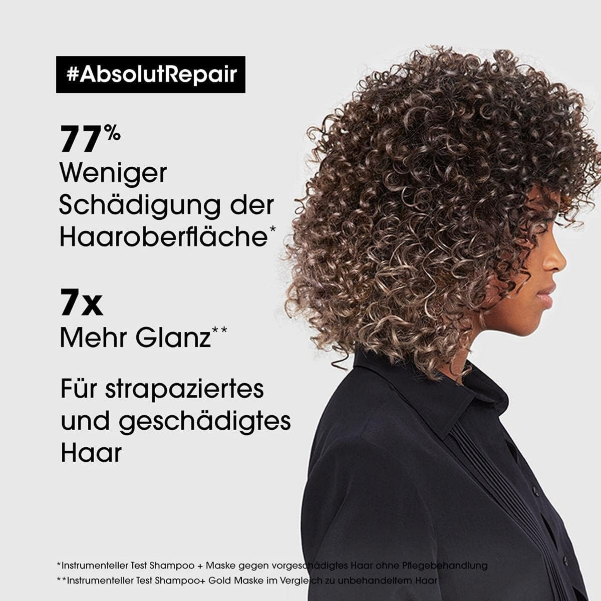 Refect Beauty L'Oréal Professionnel Absolut Repair hair mask advertisement featuring a woman with curly damaged hair.