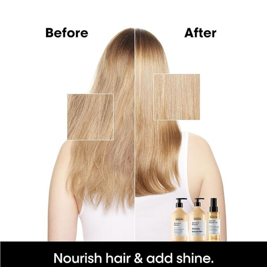 Refect Beauty L'Oréal Professionnel Absolut Repair Oil showing before and after results on blonde hair for shine