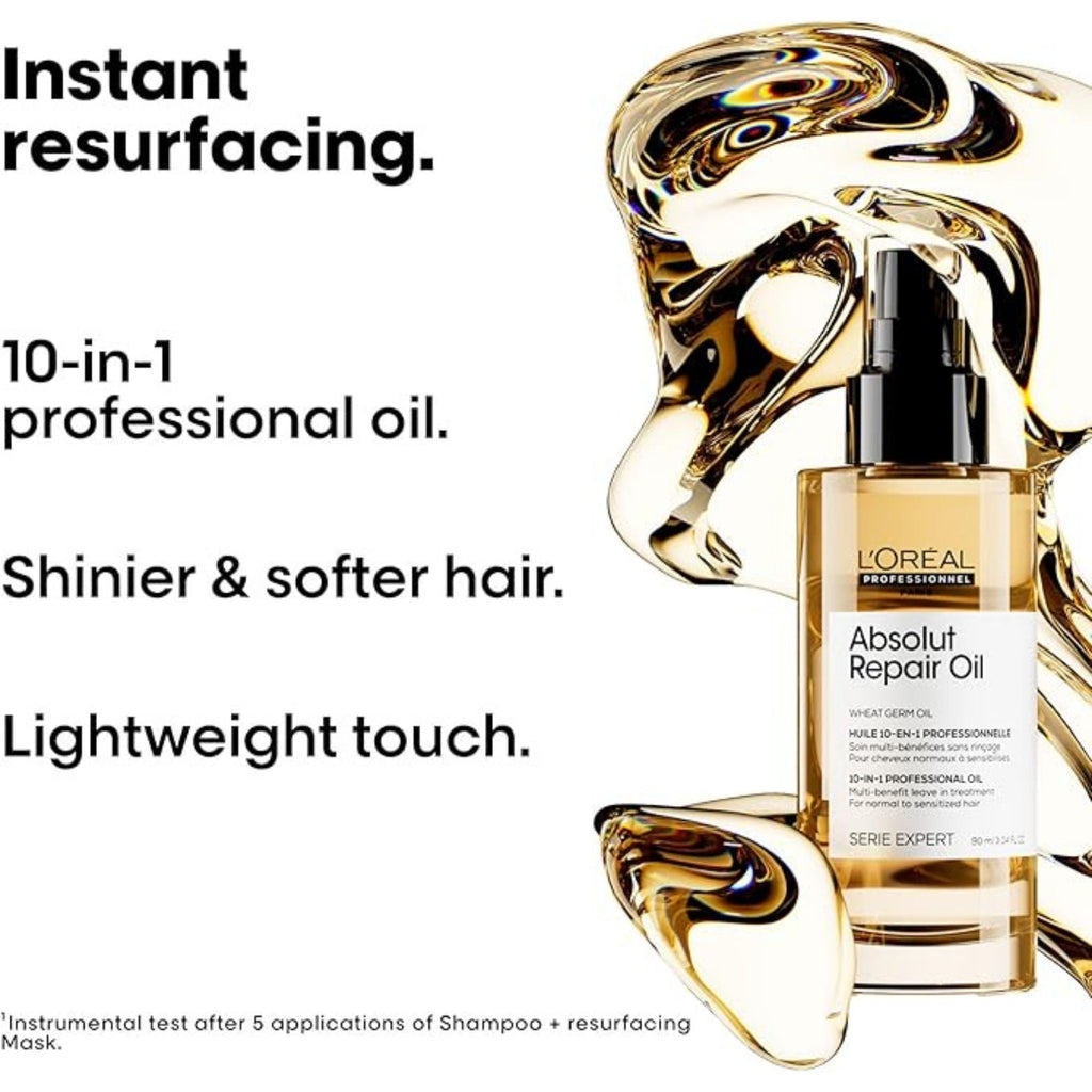 Refect Beauty L'Oréal Professionnel Absolut Repair Oil bottle with swirling golden oil texture for damaged hair